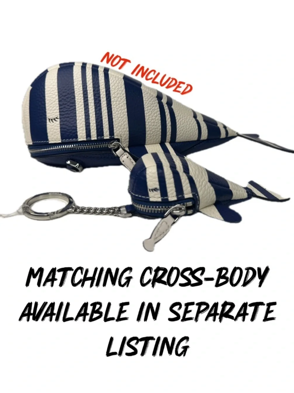 Kate Spade Navy & White Striped Whale Shore Leather Coin Purse Keychain Fob